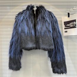 Women's Fur Elegant Gradient Faux Jacket Female Short Coat Casual Stand Collar Long Sleeve Winter Women Blue Imitation Outwear