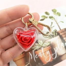 Bag Parts Accessories Cute Rose Keychain Love Heart Pendant Eternal Flower Keyring for Women Ornaments Car Keys Couple Gifts 231219