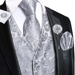 Men's Vests Hi-Tie Luxury Grey Mens Silk Paisley V-Neck Waistcoat Tie Hanky Cufflinks Brooch Sets For Men Suit Wedding Formal Business