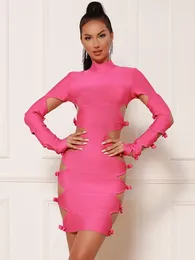 Casual Dresses Women Winter Sexy Long Sleeve Hollow Out Bow Tie Pink Bodycon Mini Bandage Dress 2023 Elegant Evening Celebrity Party