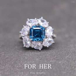 Cluster Rings ForHer Jewellery Design Asscher Cut Lab Created Sapphire Blue Gemstone S925 Sliver For Luxury Women Daily Wearing