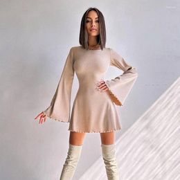 Two Piece Dress Solid Knitted Round Neck Flare Long Sleeved Wooden Ear Edge Slim Fit A-line Skirt With Strap Open Back Special For Women
