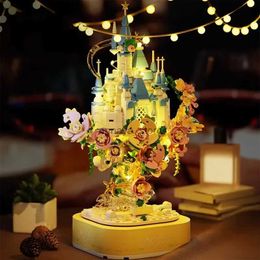 Model Building Kits Creative Flower Castle Hanging Garden Music Box With Led Lights Model Building Blocks MOC Bricks Decoration Toys Valentine GiftL231216