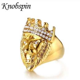 Men's Hip Hop Gold Tone Roaring King Lion Head and Crown CZ Ring for Men Rock Stainless Steel Pinky Rings Male Jewelry224u