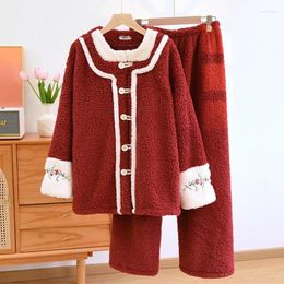 Women's Sleepwear Chinese Style Pyjamas Flannel Autumn Winter Home Clothes Thicken Warm Set Loose Pyjama Pour Femme Pant Suit