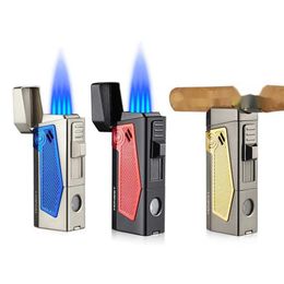 HONEST Windproof Cigar Lighter With Puncher Holder Needle Portable 4 Jet Flame Multifunction Refillable Smoking Accessories