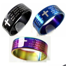 Band Rings Whole 25Pcs English Lords Prayer Cross Stainless Steel Mens Jewellery Lots1695 Drop Delivery Ring Dhxsn