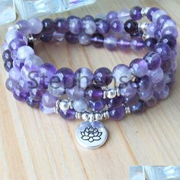 Beaded Mg0674 A Grade Dream Amethyst Womens 108 Mala Bracelet 4 Wrap Purple Crystal Energy Beads Natural Gemstone Lotus Drop Delivery Dhf4V