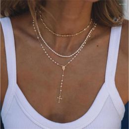 Pendant Necklaces Vintage Gold Colour Imitation Pearl Crystal Chain Maria Portrait Cross Necklace For Women Fashion Punk Multilevel Jewellery