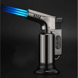 Metal Windproof Direct Blast Triple Flame Butane No Gas Blue Gun Lighter Outdoor Barbecue Camping Torch Men's Tools