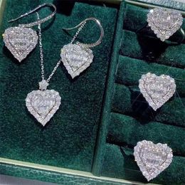 2021 Choucong Cocktail Luxury Jewellery Set 925 Sterling Silver Full T Princess Cut Topaz CZ Diamond Heart Pendant Earring Women Rin263q