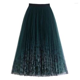 Skirts Elegant Gradient Tulle Long Skirt For Women Vintage Leopard Print A Line High Waist Pleated Midi Mesh Female Z457