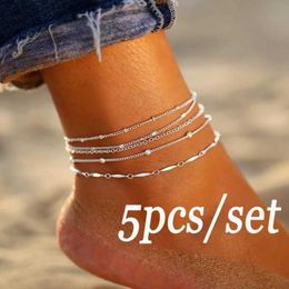 Anklets 5Pcs/Set Ankle Bracelet Anklet lti-layer Bead Chain Anklet Bracelets Simple Beach Set Ankle Foot Chain for Girls JewelryL231219