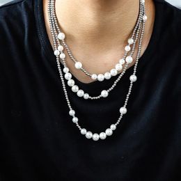 Mens Pearl Necklace Hip Hop Stainless Steel Ball Beaded Necklace Jewellery Clavicle Chain Necklace Hip Hop Jewelry254I