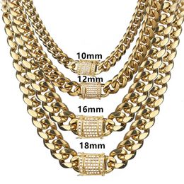 6-18mm Wide Stainless Steel Cuban Miami Chains Necklaces CZ Zircon Box Lock Big Heavy Gold Chain HipHop jewelry273p