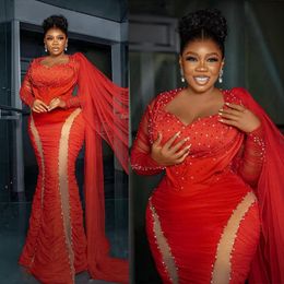 2024 African Plus Size Aso Ebi Prom Dresses Mermaid Red Illusion Long Sleeves Evening Formal Dress for Nigeria Black Women Birthday Party Gowns Engagement NL063