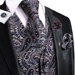 Men's Vests Hi-Tie Claasic Paisley Silk Mens Black Purple Red Blue Green Waistcoat Tie Hanky Cufflinks Brooch Sets Wedding Business