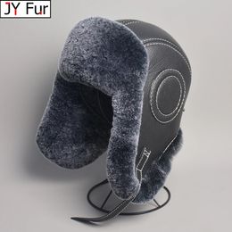 Trapper Hats Winter Mens 100% Real Rex Rabbit Fur Bomber Hat Ushanka Cap Russian Man Ski Caps Sheepskin Leather 231219