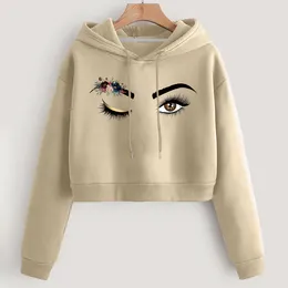 Women's Hoodies Open Umbilical Hooded Sweater Comfortable Eye Printed Long Sleeve Loose Casual Short Pullover Female Drawstring