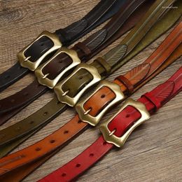 Belts Western Thicken Genuine Leather Flower Design Women Thin Belt Fashion Cow Retro Copper Pin Buckle