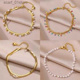 Anklets Anklets for Women Summer Beach Accessories Stainless Steel Imitation Pearl Chain Anklet Gold Colour Leg Bracelets Bochain GiftsL231219