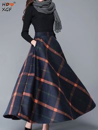 Skirts Elegant Tweed Plus Size Plaid Long For Women Autumn Winter Elastic High Waist A line Skirt Casual Loose Streetwear 231219