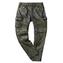 Womens Pants Capris Vintage Army Green Men Leather Pant Genuine Cowhide Motorcycle Mens Trousers Calca Masculina Pantalones Hombre 231218