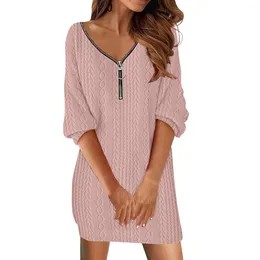 Casual Dresses Women's Fashion Solid Cable Half Zipper Long Sleeve V Neck Loose Fit Mini Maxi Dress With Sleeves Fall