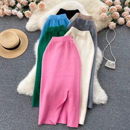 Skirts Plain Knitted Split High Waist Elastic Y2k Jupe A line Mujer Faldas Long Bust Skirt Casual Women Clothes Drop 231219