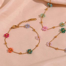 Necklace Earrings Set Ins 18K Gold PVD Plated Stainless Steel Colourful Beads Flower Bracelet For Women Waterproof Hypoallergenic