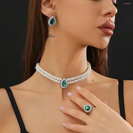 Necklace Earrings Set Lacteo Elegant Drop Shape Rhinestone Charm For Women Imitation Pearl Cuff Rings Vintage Ladies
