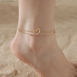 Anklets Skyrim Africa M Anklet Women Stainless Steel Gold Colour Double Layer Beads Chain Ankle Bracelet Summer Accessories GiftL231219