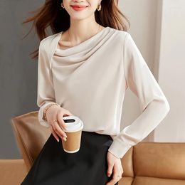 Women's Blouses 2024 Spring Satin Shirt For Women Korean Style Ruched Irregular Skew Collar Top Long Sleeve Blouse Elegant Blusas Mujer