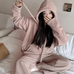 Women's Sleepwear 2023 Coral Fleece Women Pajama Thickening Hooded Long Sleeve 2 Piece Outfit Set Warm Big Pocket Clothing