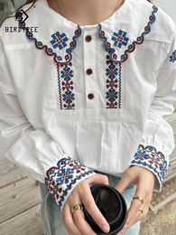 Women's Blouses Autumn Cotton Embroidery Shirt Women Lapel Collar Literature Tops Girl Long Sleeve Loose Versatile Spring T30048QC