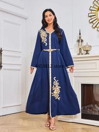 Ethnic Clothing Eid Muslim Long Dress Women Abaya Elegant Robe Belt Embroidery Flower Dresses Ramadan V Neck Kaftan Caftan Jalabiya Vestidos