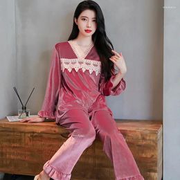 Women's Sleepwear Spring Sexy Ruffle Velour Pyjamas Lace Applique Long Sleeve Pullover Trousers Suit Fashion Nightwear Homewear