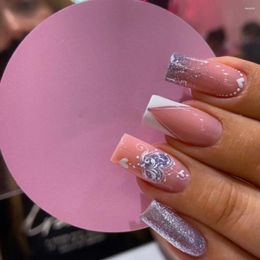 False Nails 24pcs Square Fake Valentine's Day Wearing Glitter Heart Love Design French Press On Nail Tips Faux Fingernails