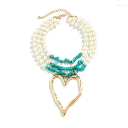 Pendant Necklaces E0BF Heart Shape Clavicle Necklace Retro Pearls Choker For Women Adjustable Chain Turquoises Neckchains Fashion
