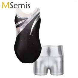 Stage Wear Kids Girls Sleeveless Rhinestone Ballet Dance Leotard With Metallic Shorts Outfits For Sports Gymnastic Workout Jumpsuit