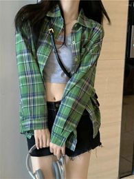 Women's Blouses PLAMTEE Green Plaid Shirt Women Vintage Loose Full Sleeve Office Lady 2023 All Match Autumn Daily Work Wear Casual