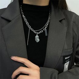 Pendant Necklaces NCEE 2023 Hip Hop Ins Portrait Necklace Titanium Steel Non-fading Double Layer Stacked Couple Sweater Chain