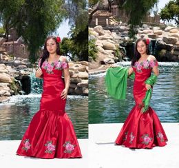 Mexican Party Evening Dresses Mermaid Style Off The Shoulder Floral Embroidered Applique Sweet 16 Dress Formal Prom Gowns Long