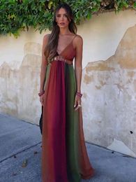 Casual Dresses Women Chiffon Tie Dye Sling Long Dress Sexy V-neck Sleeveless Open Back High Waist Vestidos Summer Vacation Beach Party Robes