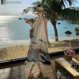 Basic Casual Dresses Stylish Grunge Holiday Robes Graceful Women Halter Summer Party Loose Dress Print Simple Korean Ladies Beach Long Retro Clothing YQ231219