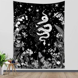Tapestries Black And White Snake Tapestry Botanical Plants Flowers Wall Hanging Mysterious Living Room Bedroom Dorm Decor