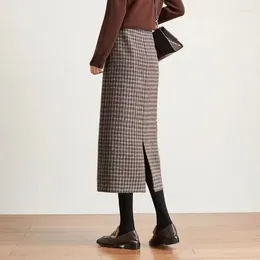 Skirts Classic Plaid Midi Women Autumn Vintage Elegant Office Ladies Behind Slit Designed All-match Harajuku Fashion