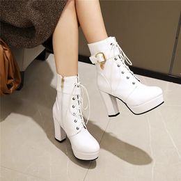 Boots Lace Up Women's Ankle Boots Platform Fashion Heels Short Boot Female Leather Black Red White Fetish Party Dance Shoes Large Size 231219