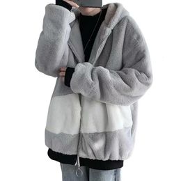 Men's Down Parkas Men Jacket Harajuku Winter Warm Faux Fur Plush Zipper Long Sleeve Loose Hip Hop Ribbed Cuff Teddy Bear Hoodie Sweatshirt Coat 231219