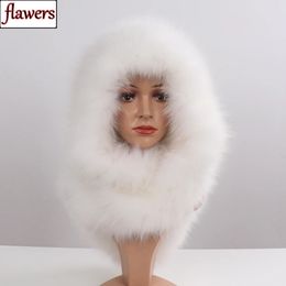 BeanieSkull Caps Winter Women 100% Natural Fox Fur Hats Scarves Lady Warm Fluffy Real Fox Fur Hat Scarf Luxury Knit Genuine Fur Caps Mufflers 231218